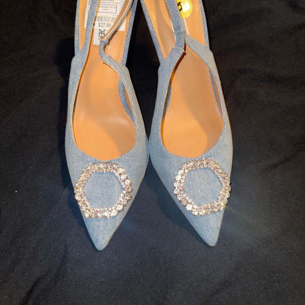 Steve Madden Light Denim Pointed Slingback Heels with Crystal Hex Accent